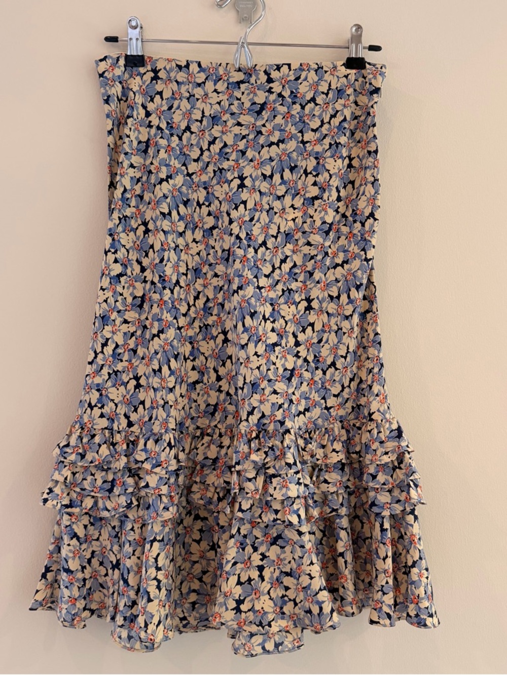 Ralph Lauren 100% Silk Blue and Cream Floral Ruffle Midi Skirt